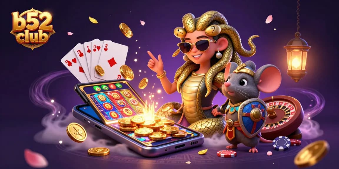 Bets soar at b52 club with cute Medusa and a warrior mouse surrounded by vibrant casino elements.