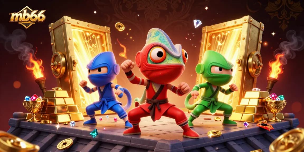 Experience the thrill of mb66 as a chameleon ninja team performs in a dazzling 3D casino scene.
