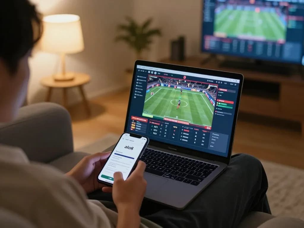 Engaging with online betting using link vào alo8 on a laptop in cozy home settings
