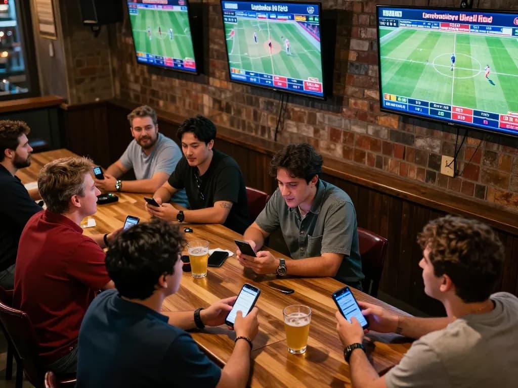 Watch participants engage in live sports betting at LLWIN, showcasing excitement with dynamic screens and devices.