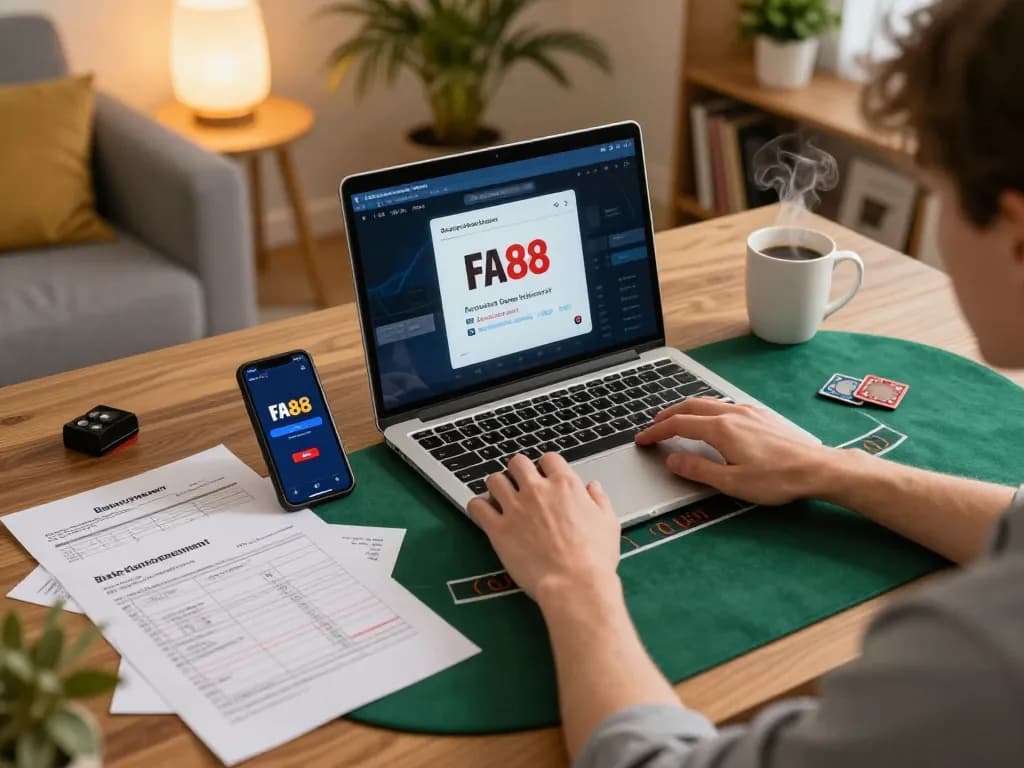 FA88 player engaging in online poker strategy with laptop and notes in cozy living room
