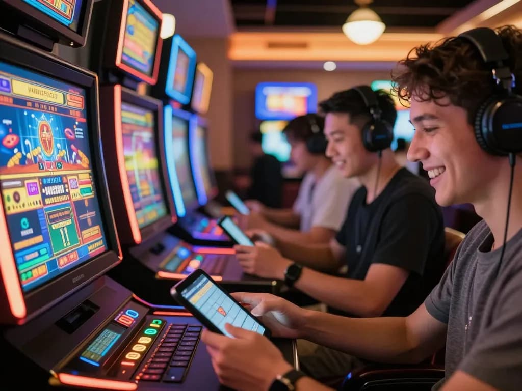 O8 players enjoying a thrilling online casino experience on their devices, capturing vibrant gaming atmosphere.