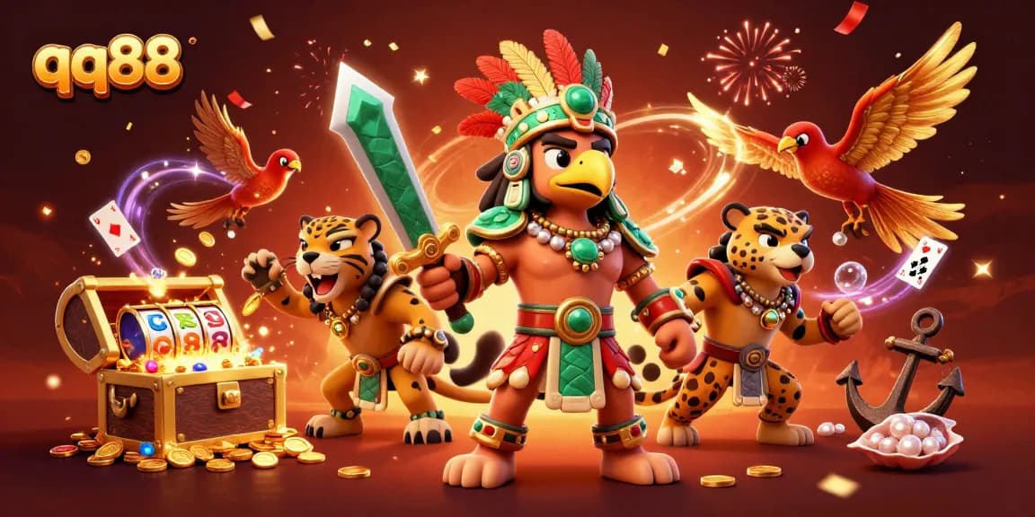 Experience thrilling gaming at qq88, featuring vibrant slot reels and dynamic casino elements.