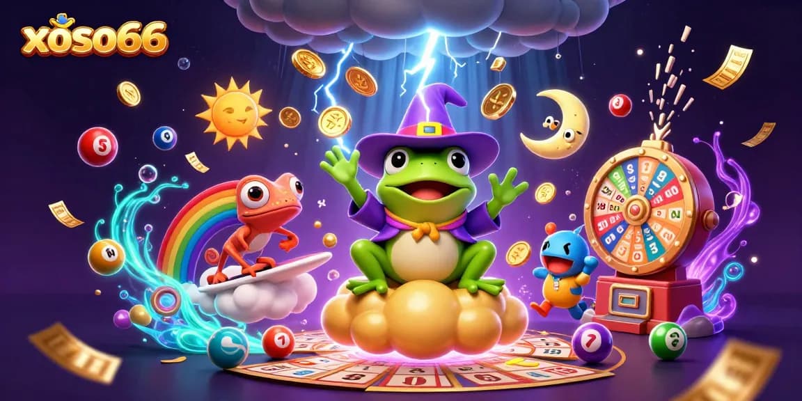 Experience thrilling xoso66 moments as the wizard frog conjures golden coins amidst a vibrant lottery scene.