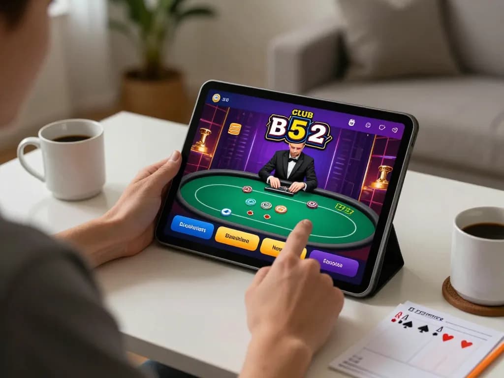 Player enjoying poker on b52 club app in cozy home environment, emphasizing responsible gaming