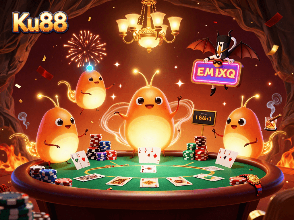Experience the vibrant Ku88 casino atmosphere with dazzling glowworms and a bat dealer.