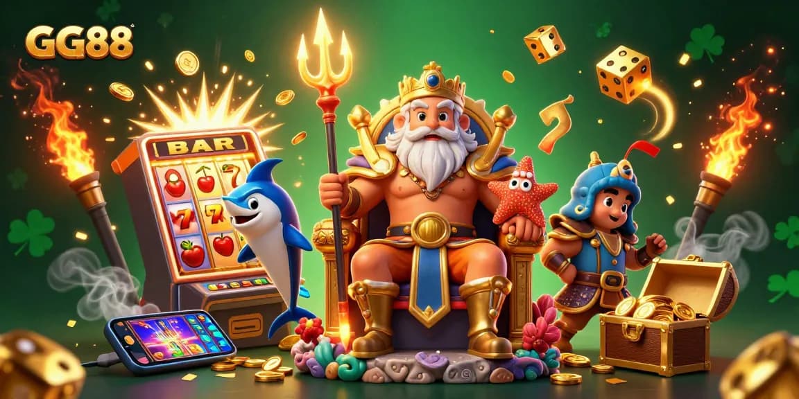Experience exciting gameplay at GG88 with Neptune and treasures in this vibrant casino scene.