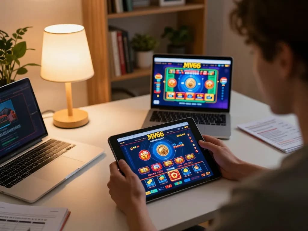 Engaging with MV66 online casino on a tablet at home, showcasing vibrant gameplay and strategic notes.