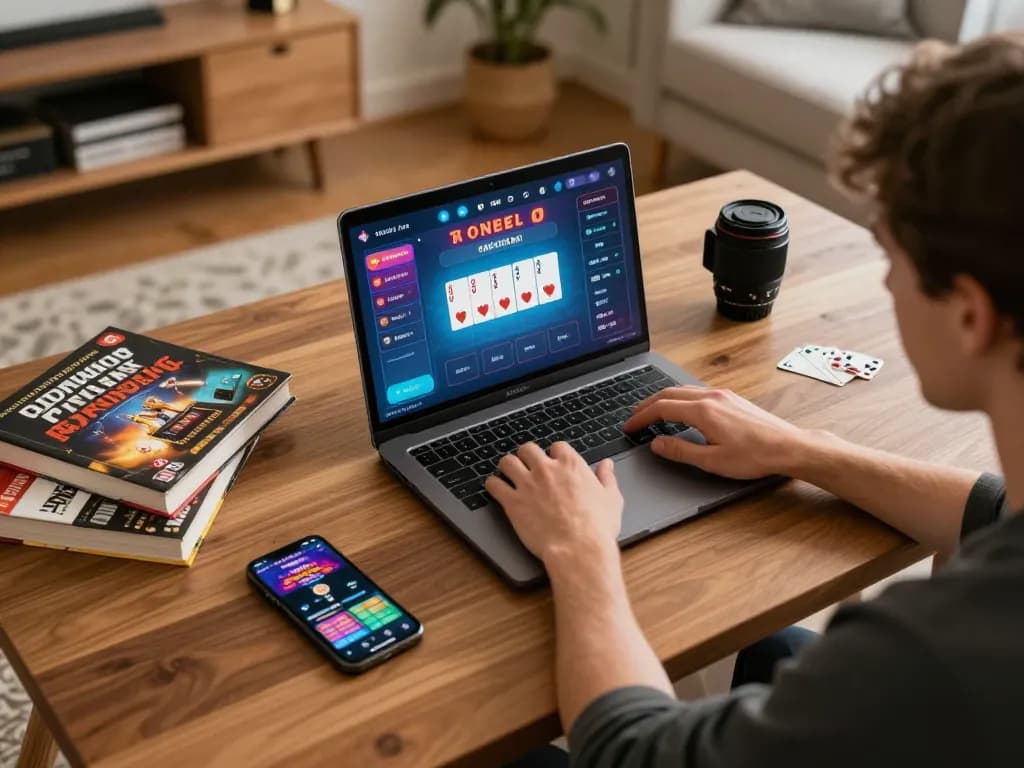 Player engaging with xx88 poker game on laptop, indicating strategic gameplay in a cozy home.