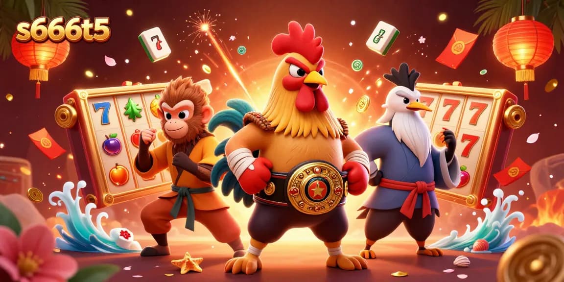 Engage in thrilling gameplay with s666t5, showcasing dynamic slot reels and colorful characters in a vivid casino scene.