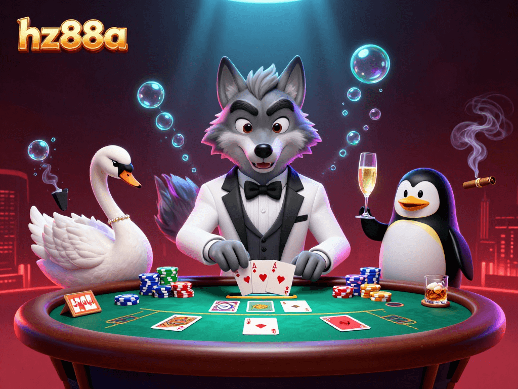 Experience thrilling baccarat action with hz88a's captivating 3D illustration featuring animated casino characters.