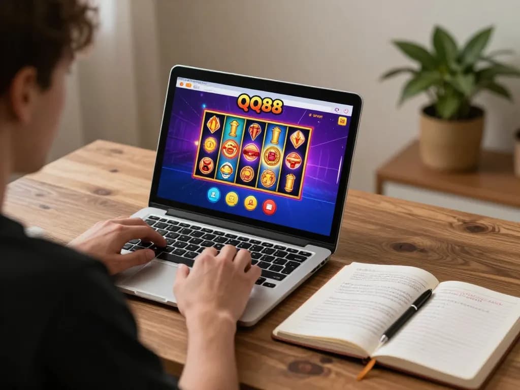 Player enjoying QQ88's online slot games on a laptop in a cozy home setting