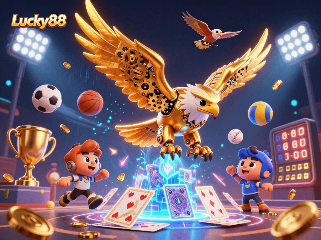 Engage with Lucky88's vibrant casino scene featuring a golden eagle amidst sports elements.
