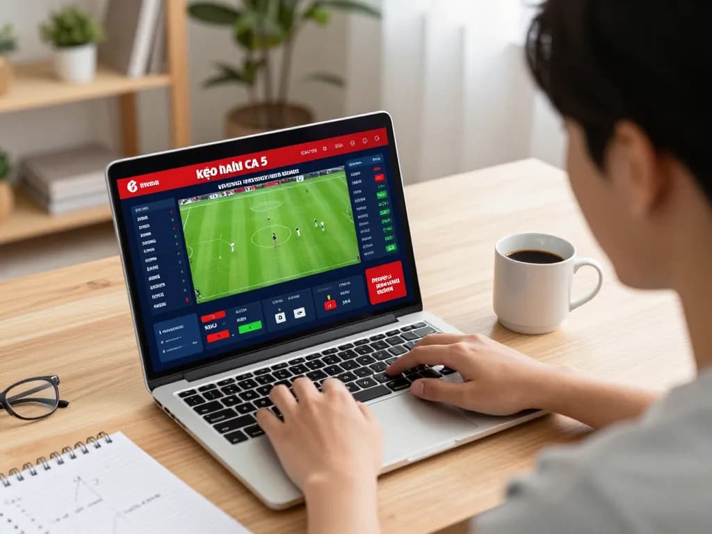 An engaged bettor analyzing kèo nhà cái 5 odds while using a laptop in a comfortable home setting, showcasing strategic thinking in sports betting.