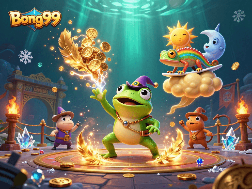 Bong99 features a vibrant 3D scene with a weather frog and rainbow chameleon surrounded by golden coins.