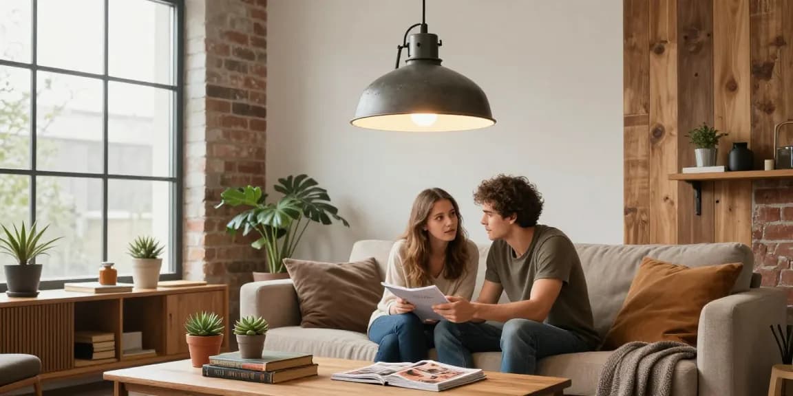 Sala de estar con estilo y una lámpara industrial vintage creando una atmósfera acogedora.