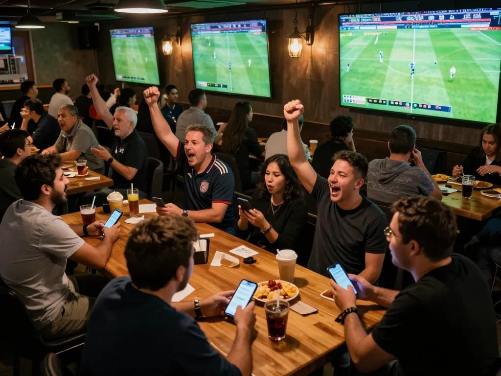 Watch soccer with friends while placing bets on their smartphones at a lively sports bar.
