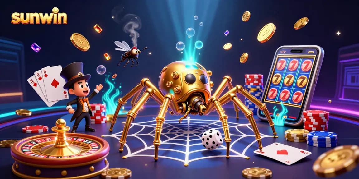 Engage in thrilling gameplay at sunwin with a steampunk spider capturing dice in a rich casino scene.