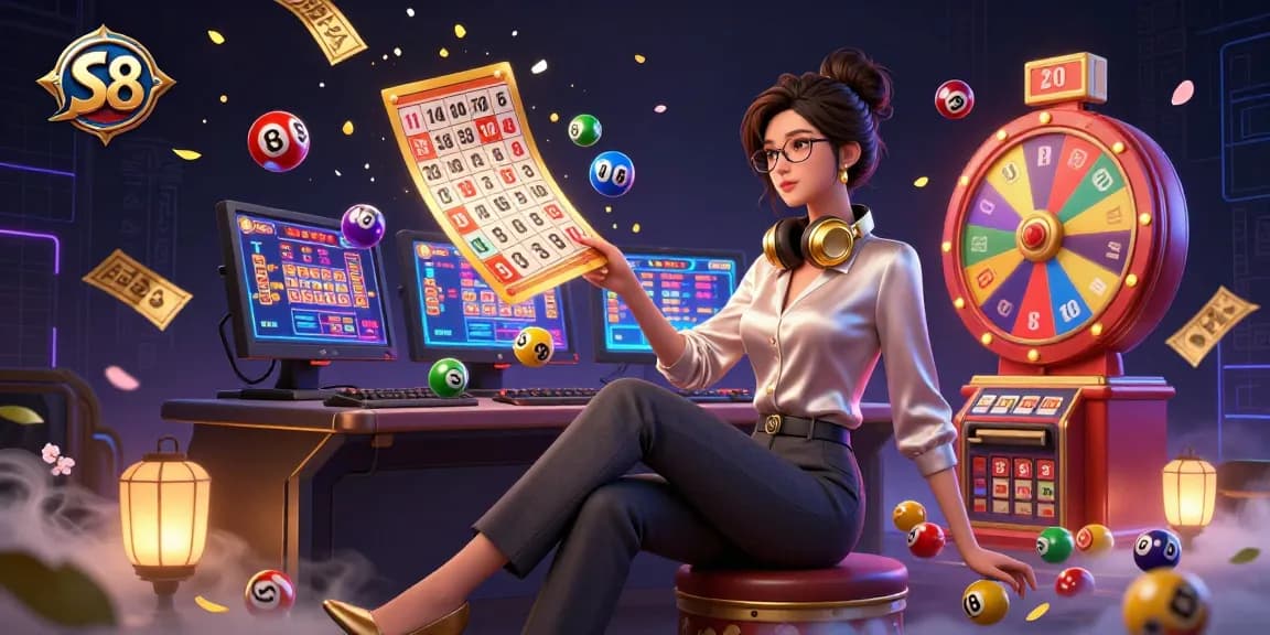 S8 casino games come to life with a vibrant scene featuring dynamic lottery elements and a professional gamer.