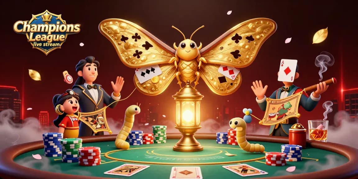 Experience the Champions League live stream with this vibrant casino-themed scene featuring an atlas moth.