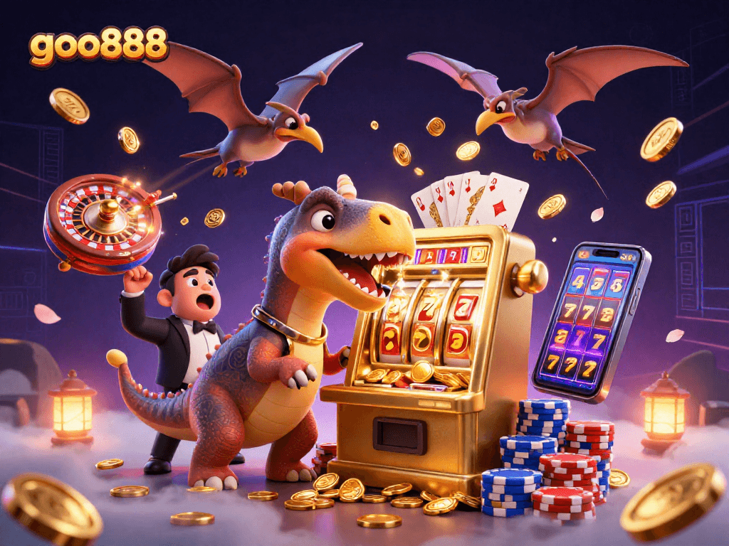 Engage in thrilling gameplay at goo888 with a 3D cartoon pachycephalosaurus hitting a golden slot machine amidst cascading golden coins.