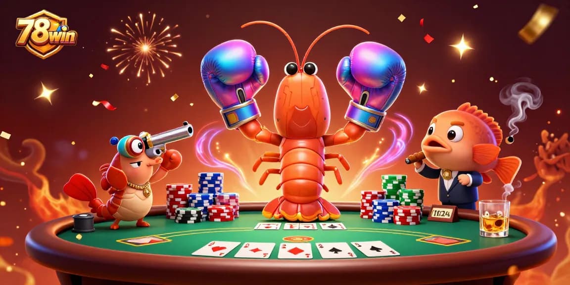 Engage in thrilling gameplay with 78win as mantis shrimp and friends showcase a festive poker scene.