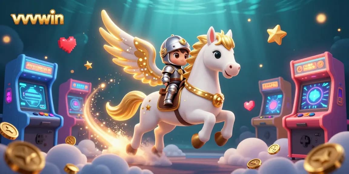 Experience thrilling actions with vvvwin gaming as a celestial horse and knight soar through a vibrant casino landscape.