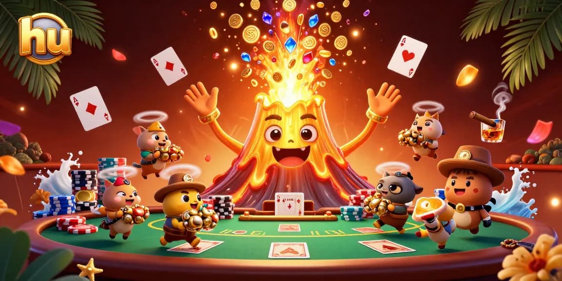Experience thrilling wins at hu while watching the golden volcano erupt coins and treasures in a vibrant casino scene.