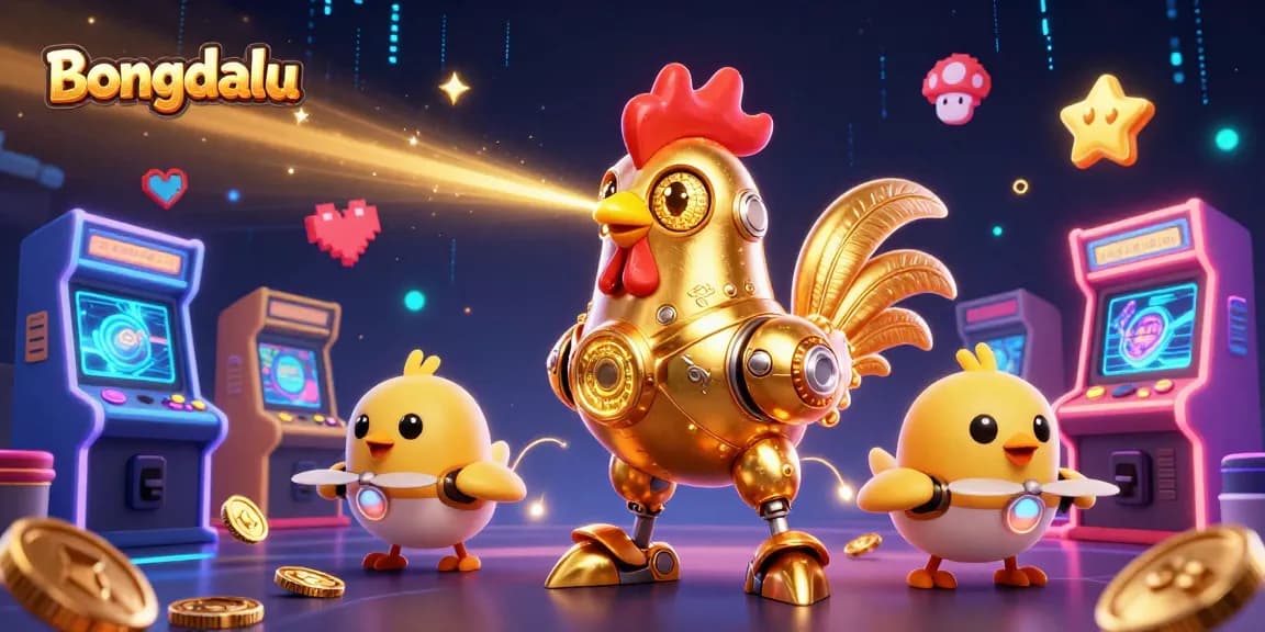 Bongdalu platform showcases thrilling live scores, featuring dynamic 3D robotic characters and vibrant game elements.