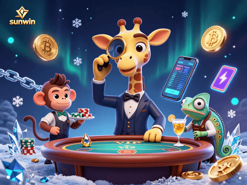 Sunwin showcases a high-roller giraffe in a poker scene, blending crypto elements and fun.