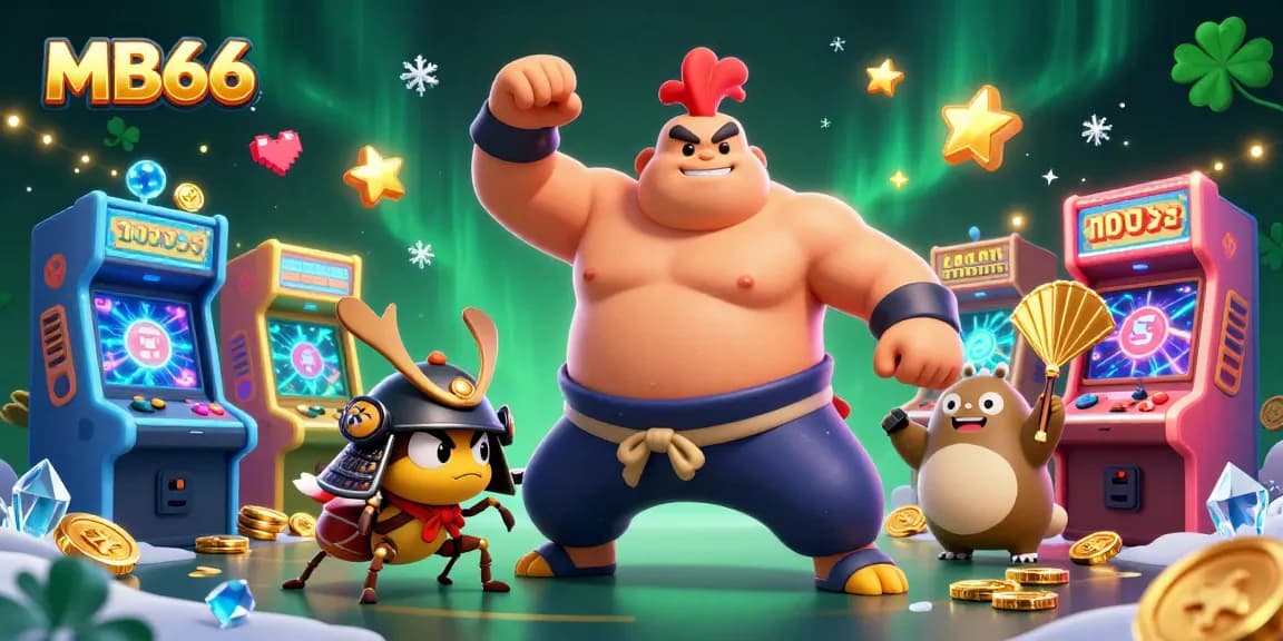 Experience excitement with MB66 in a vibrant casino setting featuring a sumo rooster and more.