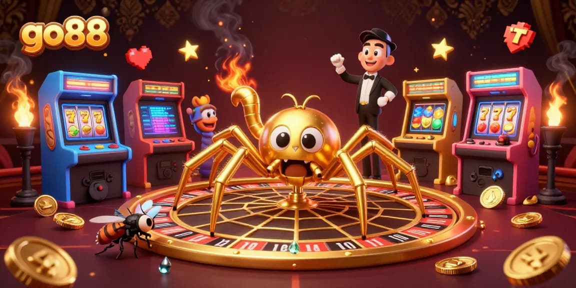 Place winning bets with go88's golden spider spinning roulette in a vibrant casino scene