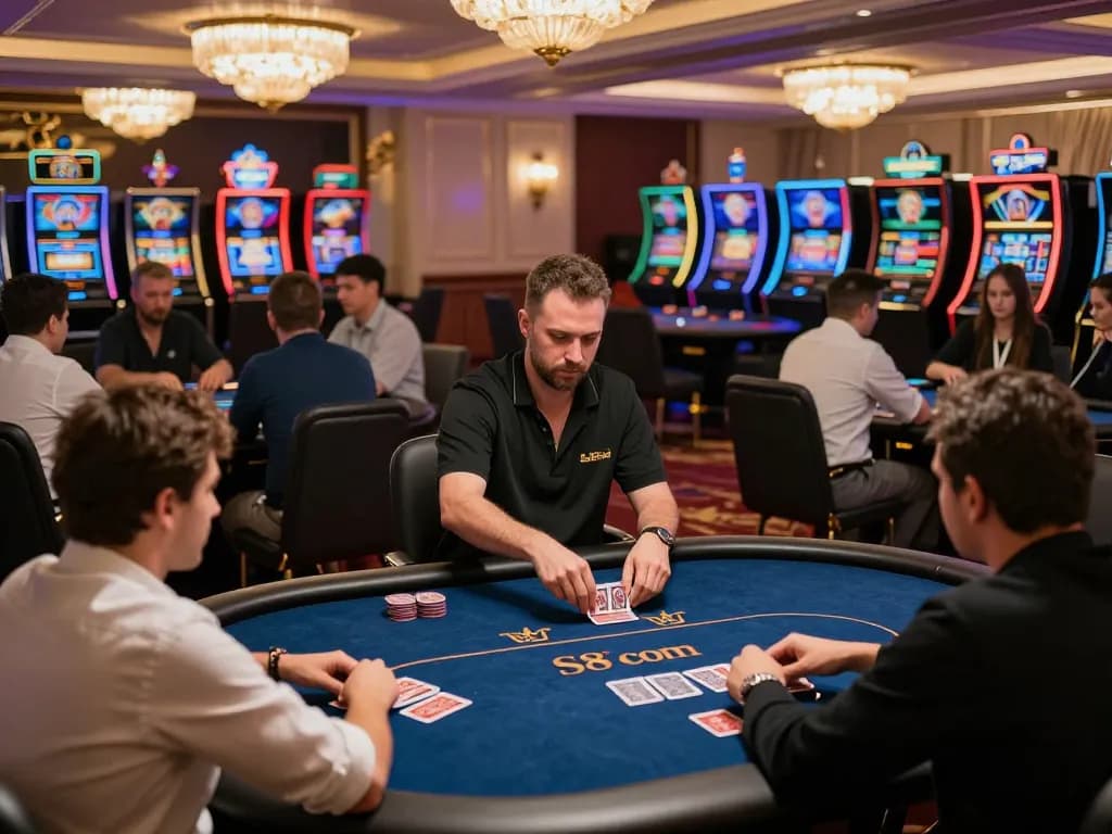 Players at S8 com engaging in strategic poker gameplay at an upscale casino.