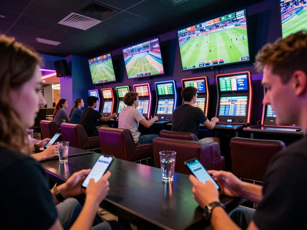gg88 betting enthusiasts cheering in a lively sports lounge with large screens