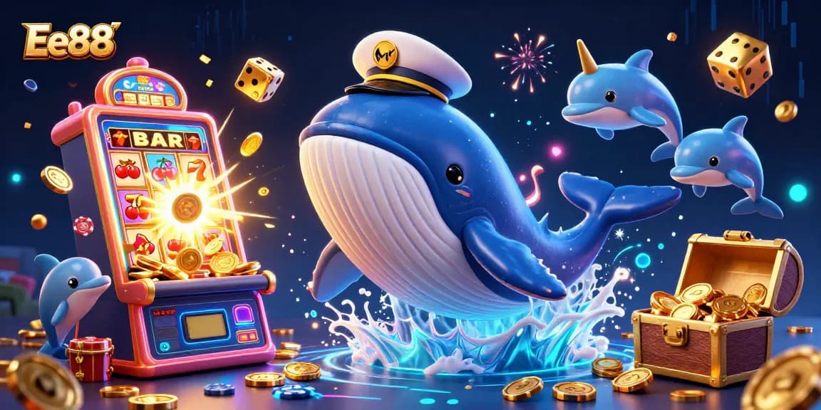 Experience the excitement of Ee88 with a lively 3D scene of a whimsical whale, playful dolphins, and abundant casino treasures.
