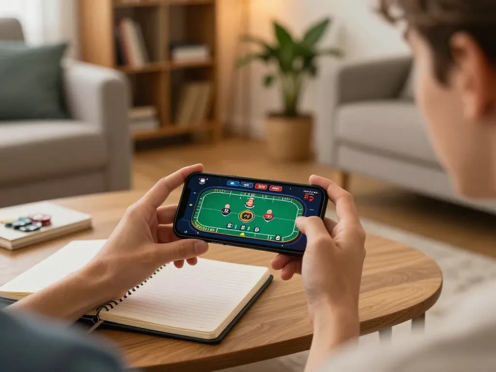 Engaging player immersed in CM88 live dealer poker at home, showcasing strategic gameplay