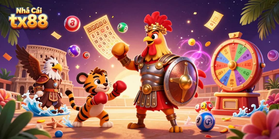 Experience exhilarating fun with Nhà Cái tx88 in this vibrant 3D casino illustration featuring dynamic lottery elements.