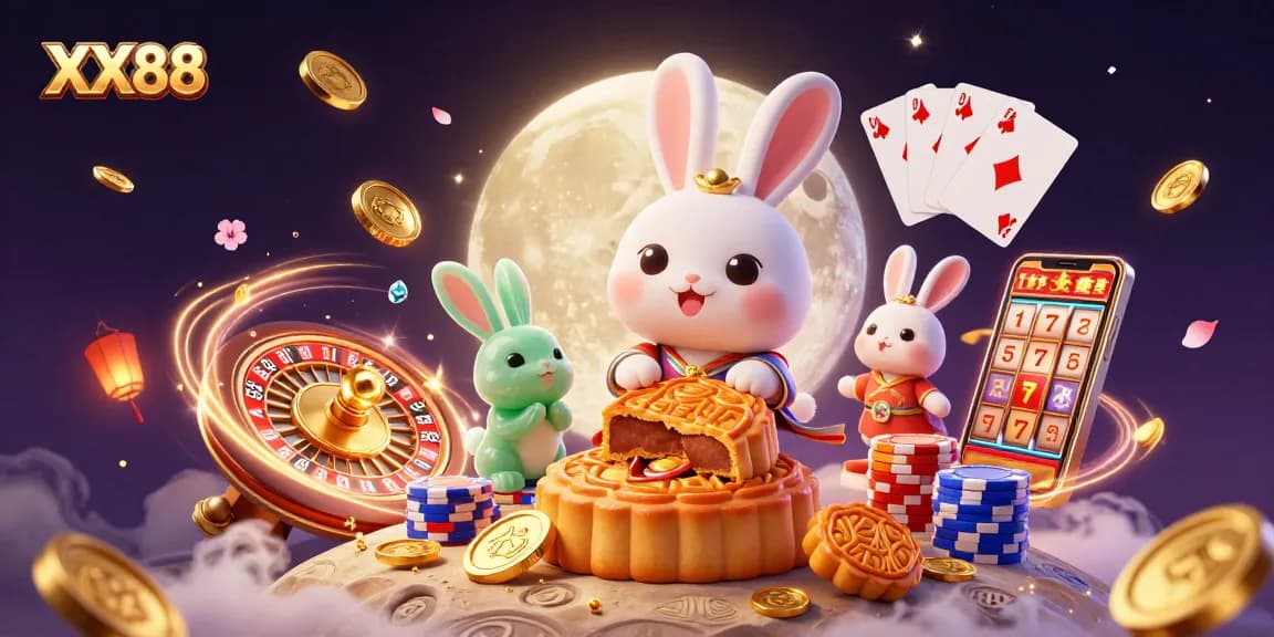 Experience winning at XX88 with a moon rabbit celebrating jackpots amid gold and vibrant casino elements.