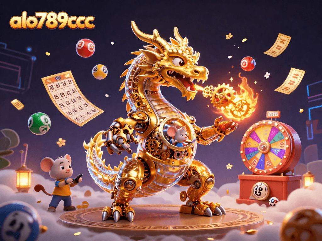 Experience the thrilling world of gaming with alo789bcc, showcasing a golden dragon amidst vibrant lottery elements and dynamic visuals.