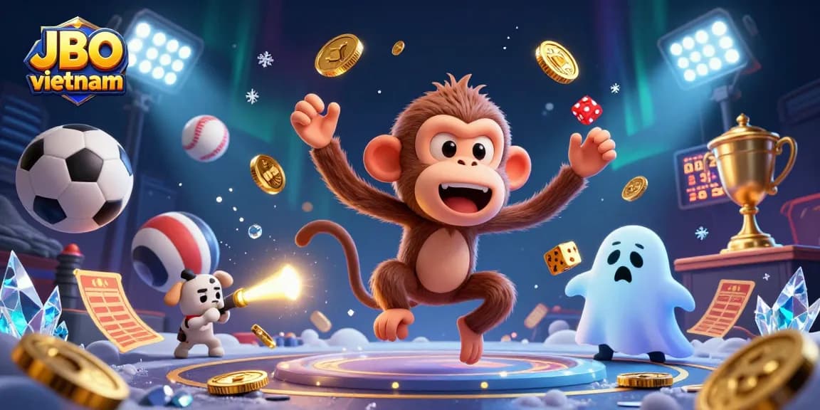 Experience the thrill of gaming at JBO vietnam with playful elements dancing around in a lively scene.