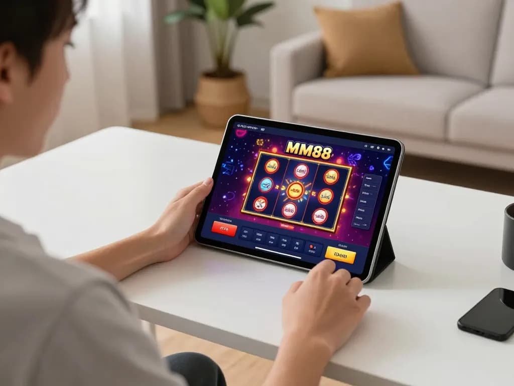 Engaging gameplay on MM88 mobile app showcasing vibrant slot machines during a cozy home gaming session.