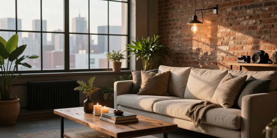 Bright lámpara industrial vintage illuminating modern industrial living room.