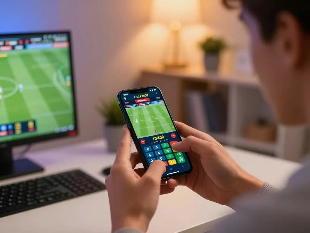 Person placing bets on kèo nhà cái 5 using smartphone in a cozy home office setting.
