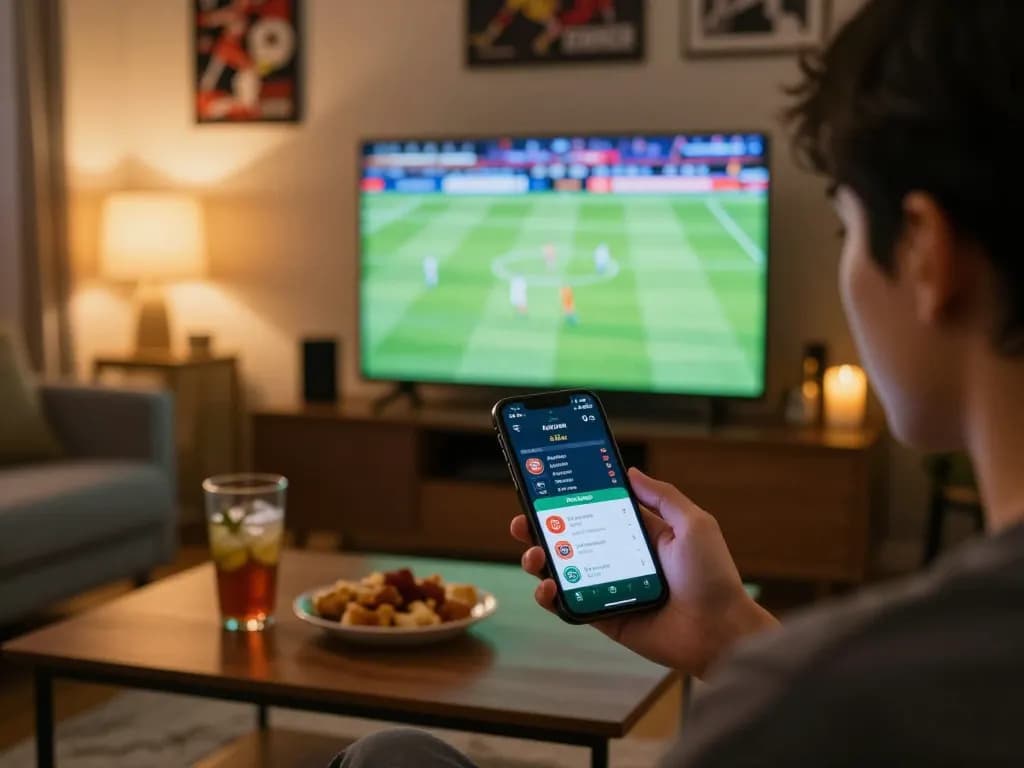 Placing bets on kèo nhà cái 5 using a smartphone in a lively home sports betting atmosphere.