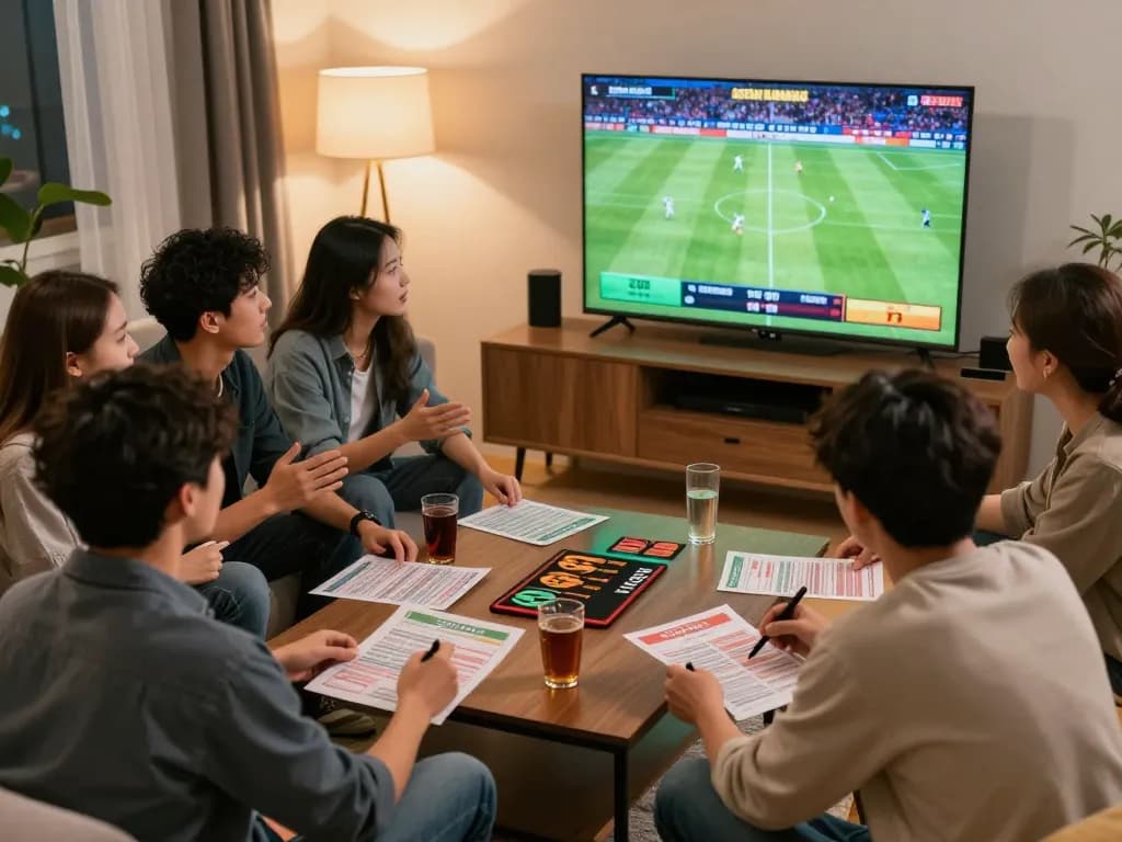 Friends engaging in kèo nhà cái 5 discussions while watching a football match.