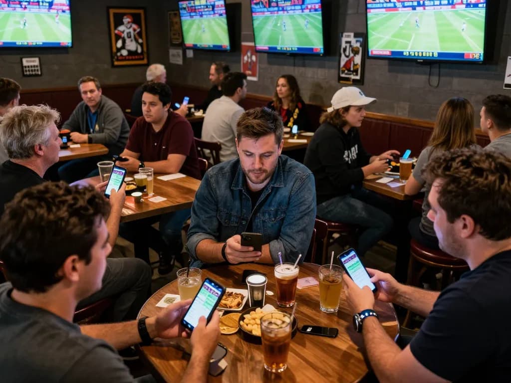 Engaging moment of sports bettors analyzing odds and placing bets with keo nha cai on their mobile devices in a lively bar