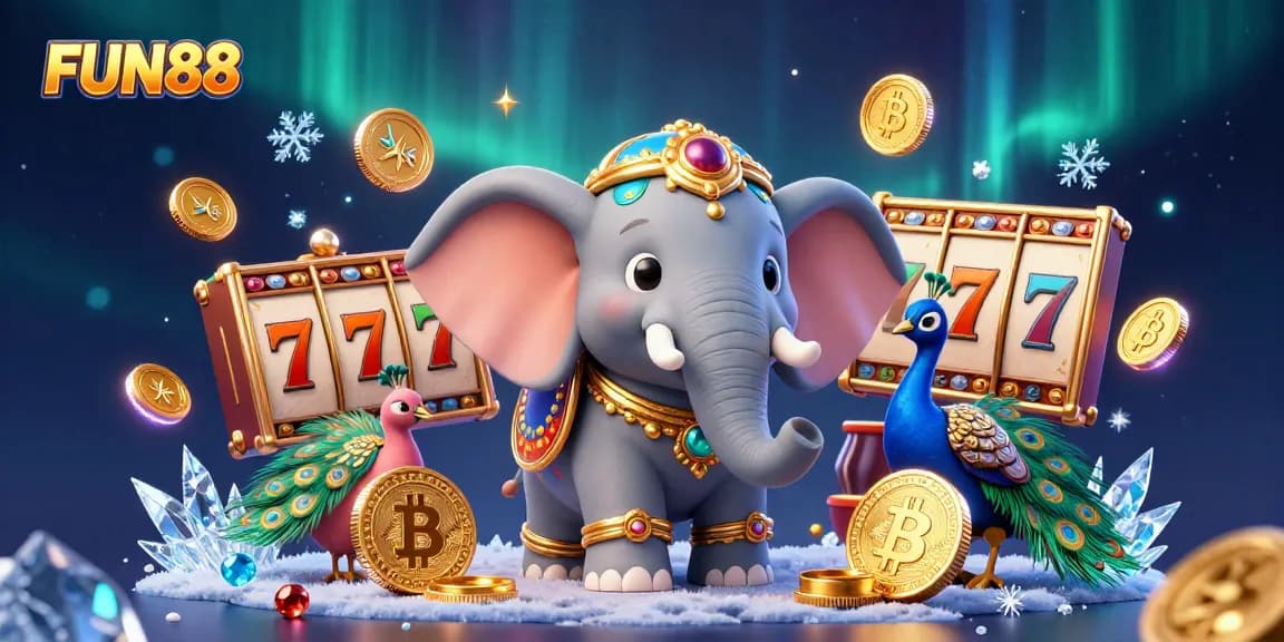 Engage in thrilling slots at FUN88 with vibrant elephant and peacock amidst neon cryptocurrency elements.