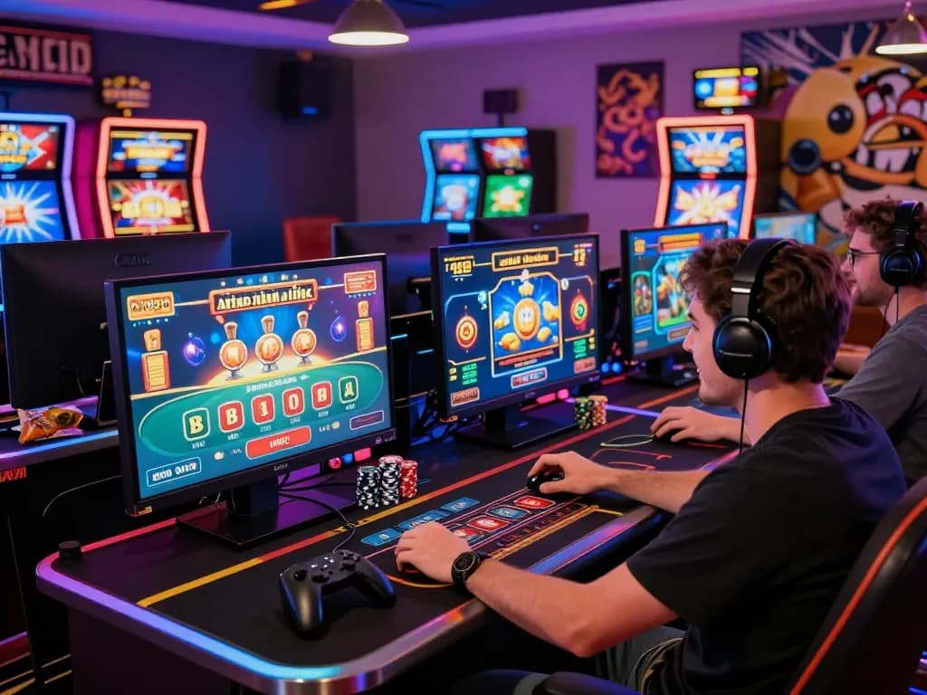 Exciting online gaming atmosphere featuring a player at gaming desk, showcasing https://rr88c.mobi/ experiences with vibrant LED lighting and game visuals.