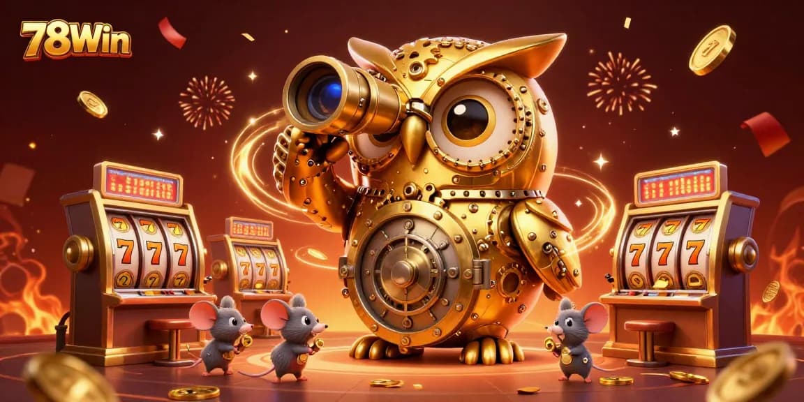 Experience the excitement at 78Win with spinning slot reels and a whimsical casino atmosphere.