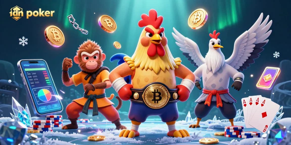 Mainkan idn poker dengan penuh strategi di arena penuh warna yang dikelilingi koin digital dan elemen poker.